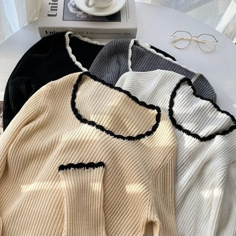 2026 Square Neck Knitted Pullovers Women Long Sleeve Slim Soft Tops Casual Versatile Color Blocking Autumn Winter Sweater