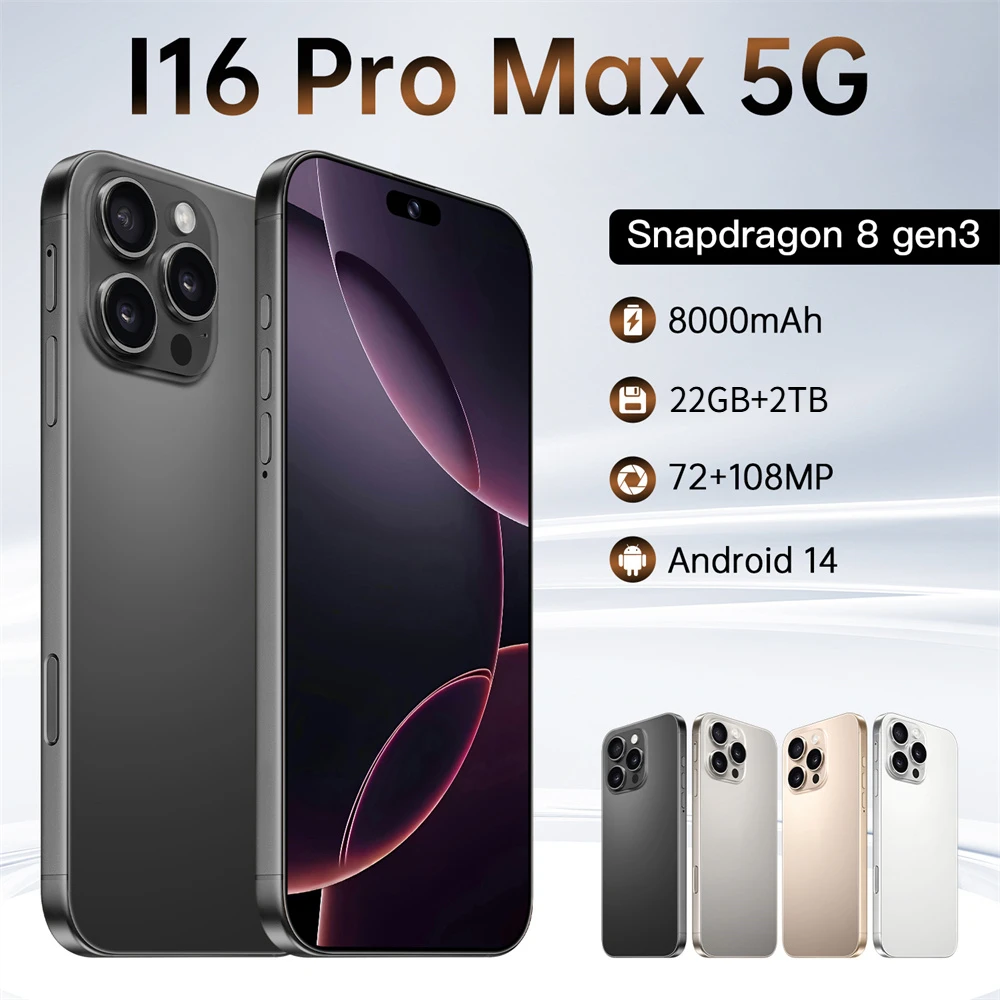 

2025 Hot Cellphone Global Version I16 Pro Max Mobile Phone Original 5G Dual SIM Smartphone 8000mAh HD Screen Cell Phone 22GB+2TB