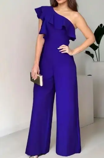 

Jumpsuit Women 2025 Summer Elegant Ruffle Decor Single Shoulder High Waist Casual Solid Color Daily Straight Leg Jumpsuit