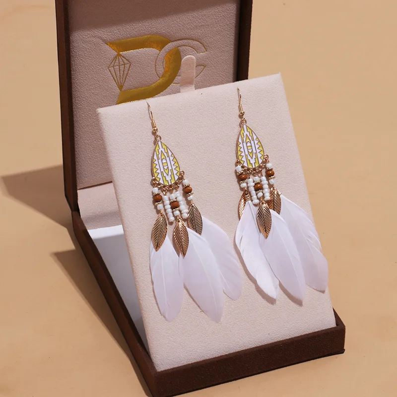 Bohemian Ethnische Lange Feder Ohrringe Boho Wasser Tropfen Gold Farbe Kette Quaste Ohrringe für Frauen Braut Hochzeit Schmuck – Detail 14