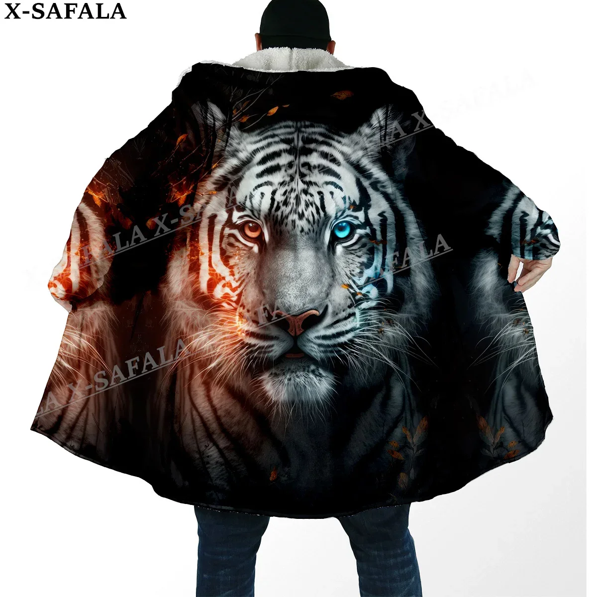 Mythology Tiger The King Spirit Thick Warm Hooded Cloak Men Overcoat Coat Windproof Fleece Cape Robe Hooded Blanket-49