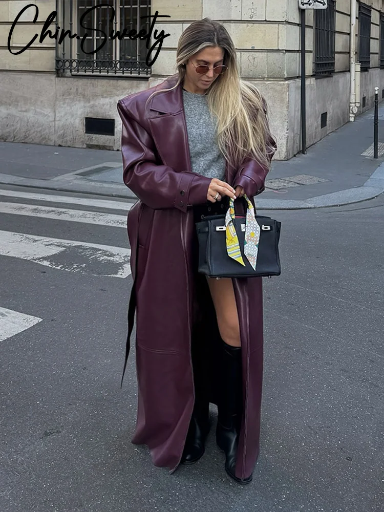 

Street Pu Leather Women Long Coat Y2K Solid Belt Lapel Pocket Full Sleeve Female Jacket 2025 Autumn Winter Lady Outwear New