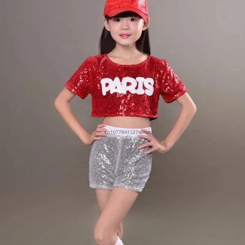 Traje de dança jazz infantil, calças com lantejoulas e meias, conjunto de torcida, hip-hop, performance, meninas, dança de rua