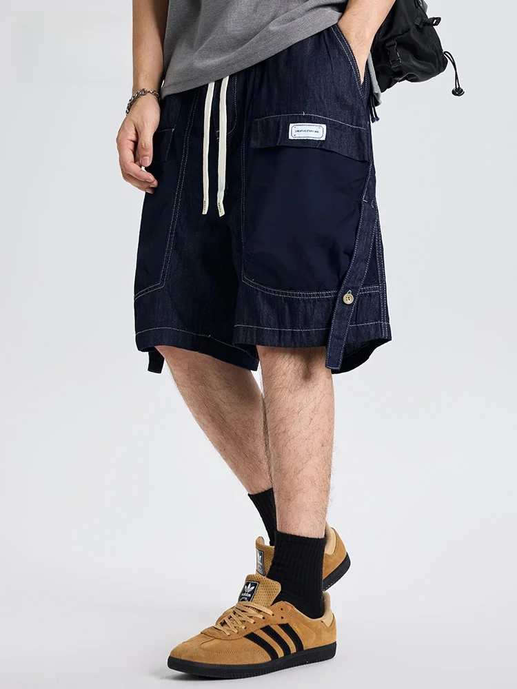 

JFU Summer New American Retro Workwear Denim orts Men's Loose Straight Leg Casual Five-Quarter Pants Cotton Lyocell Viscose