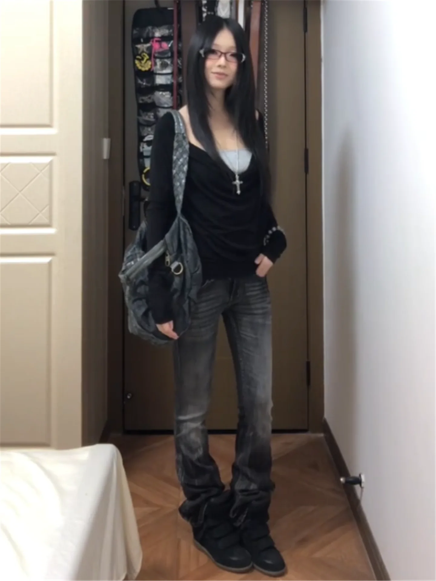 

Retro American Low Waist Extended Length Women's Jeans Autumn Winter Slim Fit Elastic Design Sensation Micro Flared Floor-Len...