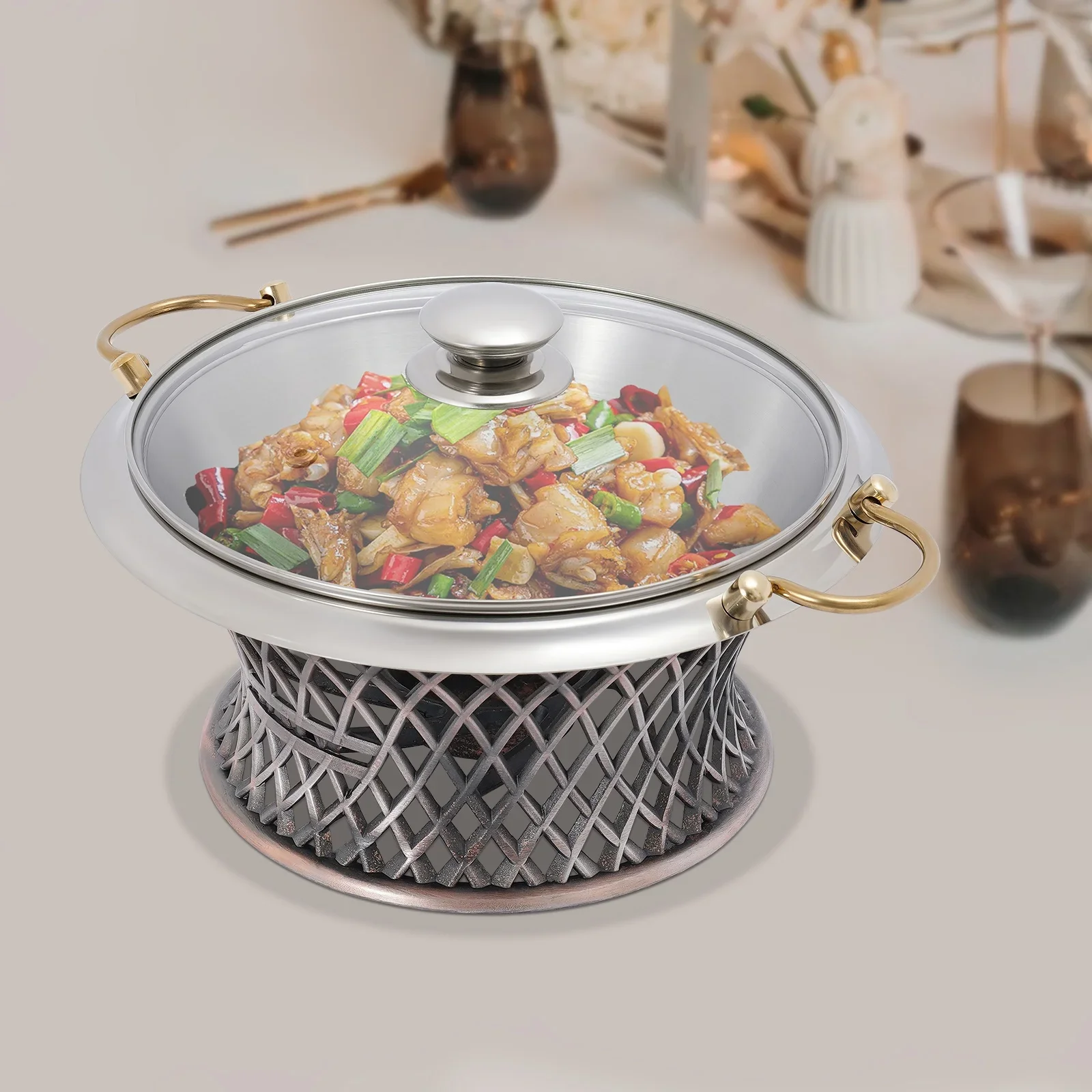

Elegant Bronze Chafing Dish Buffet Set W/ Lid & Round Alcohol Burner Warmer 24cm Food Pan Catering Supplies Home Buffet Serving