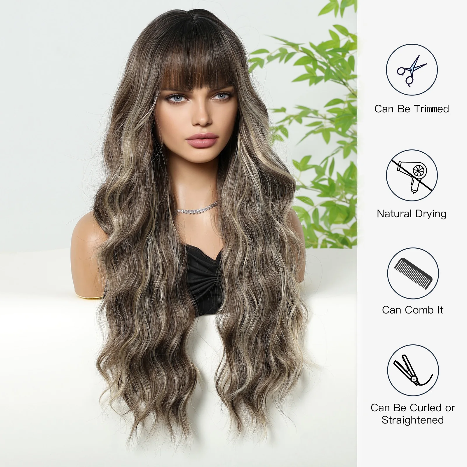 Brown Wig With Bangs Long Wavy Brown Mixed Blonde Highlight Wig with Dark Roots Ombre Natural Curly Synthetic Wig Heat Resistant