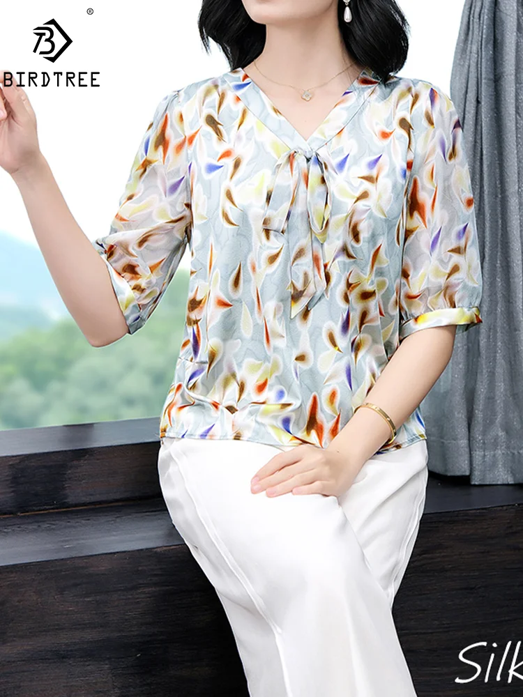 BirdTree, 91% Real Silk Fashion Shirt, Women's Short Sleeve Printed, Oversize Mom Elegant Blouse, 2024 Summer 4XL Tops T444134QM