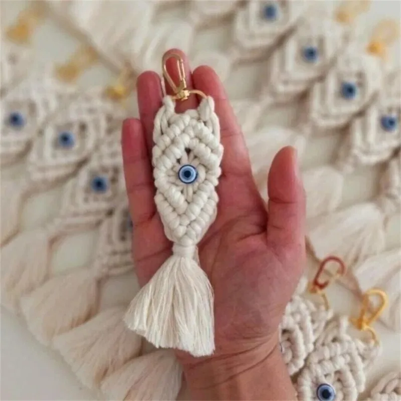 2pcs Boho Style Hand Woven Blue Eye Keychains with White Cotton Thread Car Bag Pendant Party Decorations for Home And Office