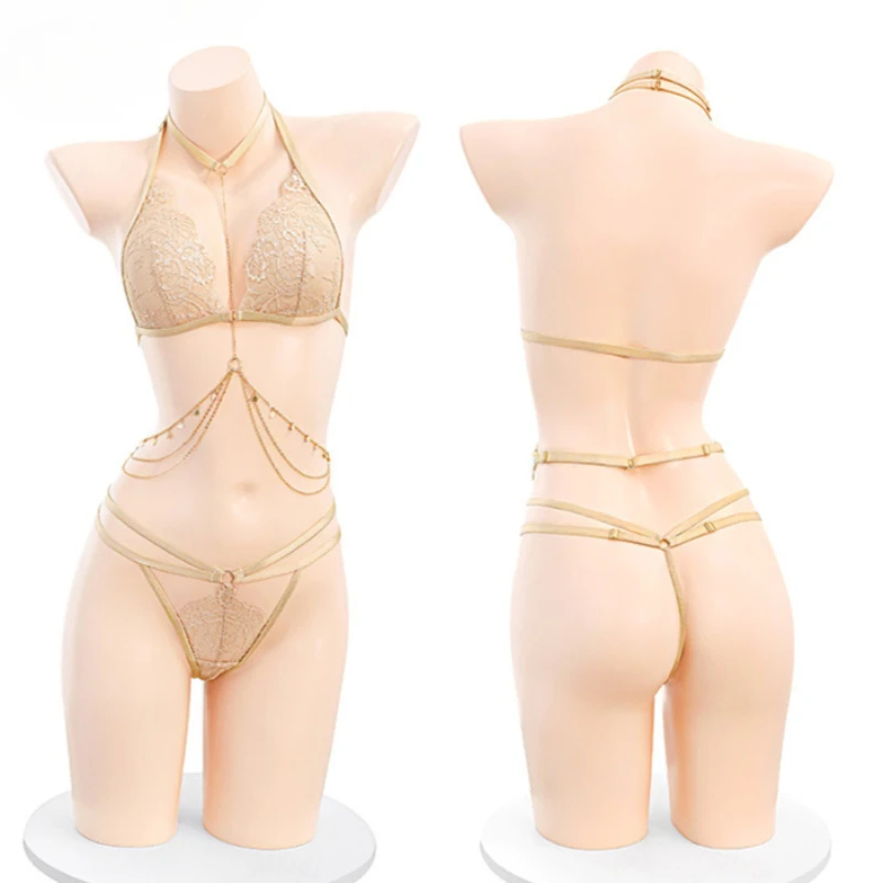 

Sexy Chain Lace Bra Pantie Set Women Champagne Luxury Queen Role Play Underwear See Through Lingerie Outfits