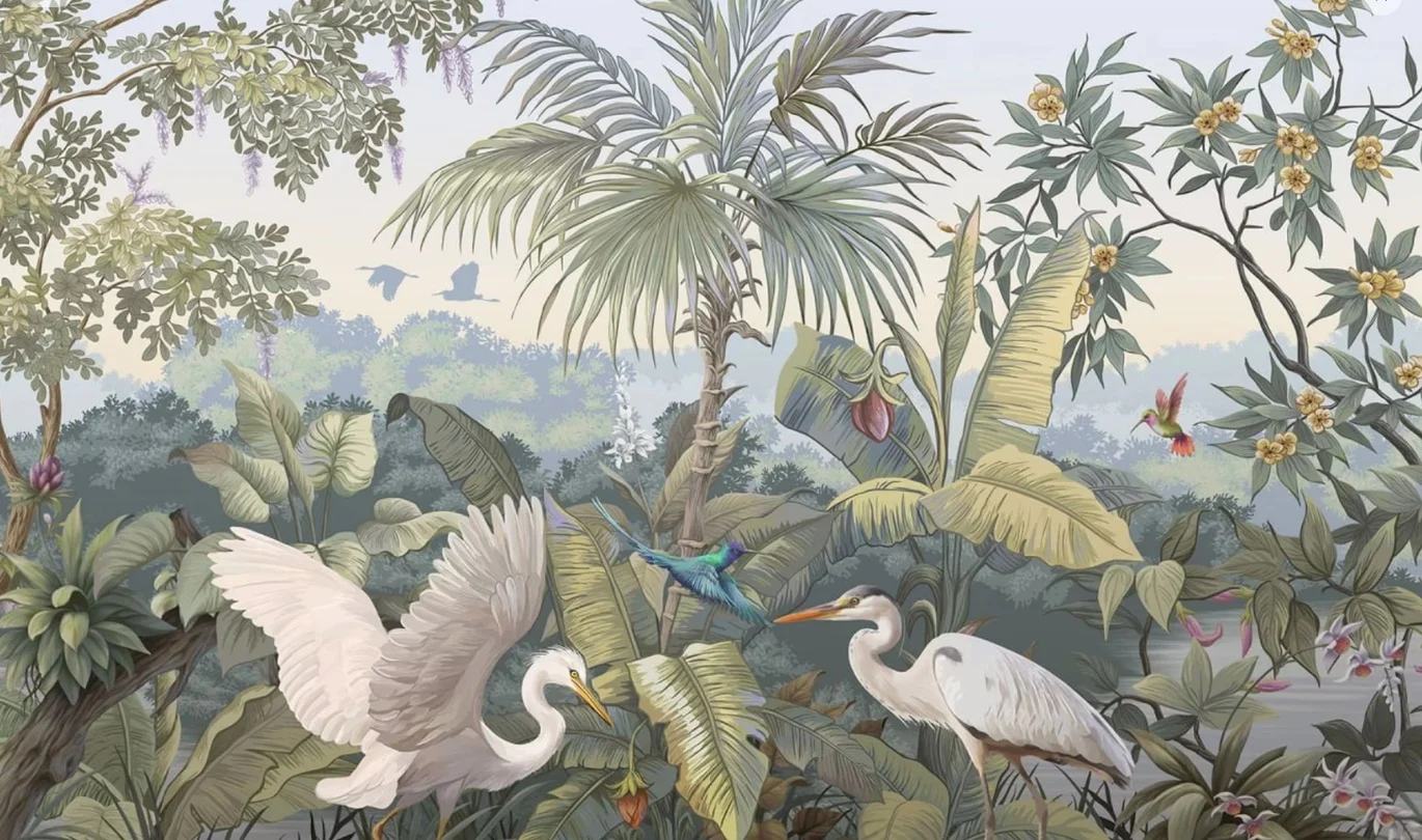 Customized wallpaper hand-painted tropical rainforest plants banana leaf mural retro palm tree decoration painting background