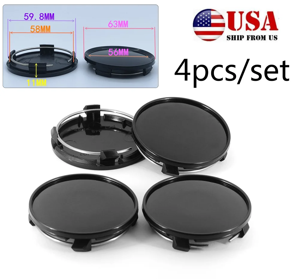 4x Universal 63mm ABS Car Wheel Hubs Center Caps Covers No Badge Emblem Black