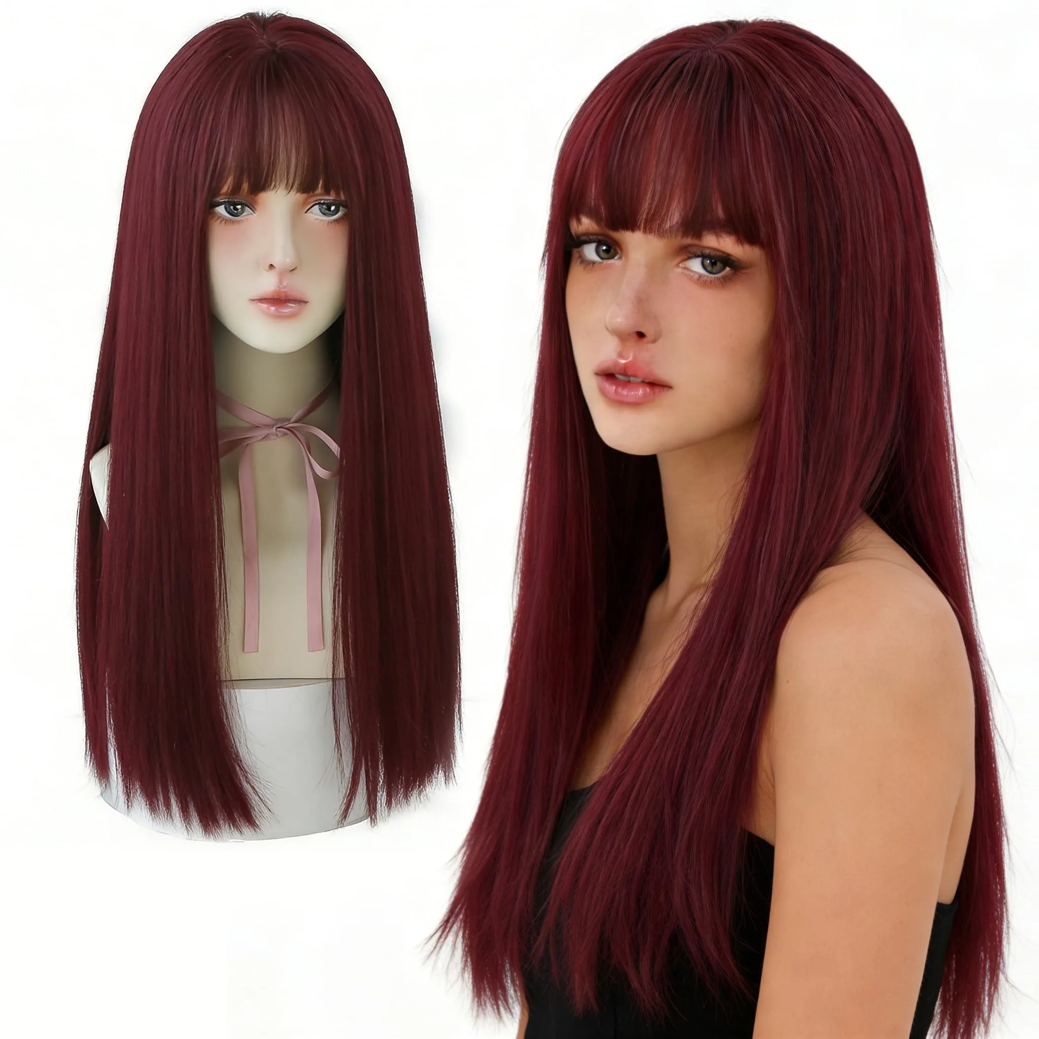 Dark red long straight hair synthetic wig for Halloween cosplay wig for role-playing daily wear with high-temperature hairnet
