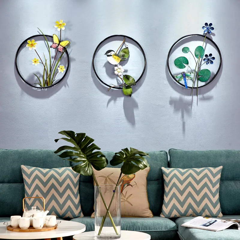 Modern Wrought Iron Flower Bird Round Ring Wall Mural Home Livingroom Proch 3D Sticker Hotel Club Hanging Decoration