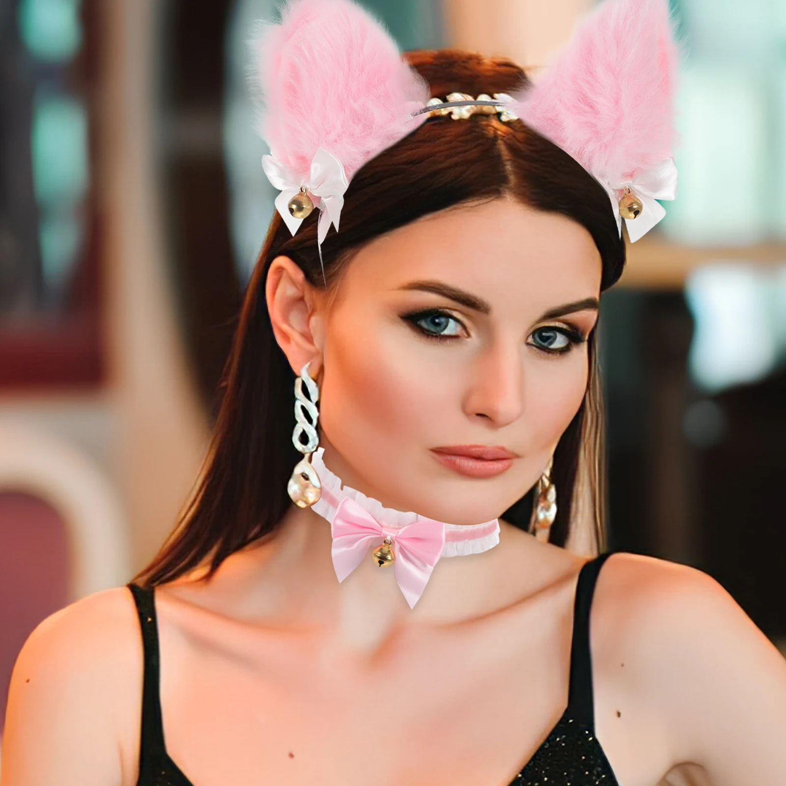

Cat Ears Headband Neck Bell Kitten Collars Cosplay Hairband Headbands Party Lovely Cat Ear Ribbon Bows Metal Bells Bow Hoops