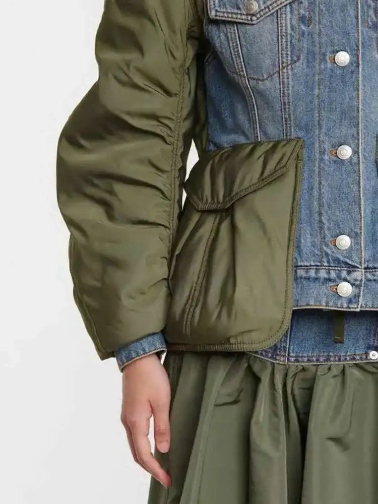 ZMEENNA Womens Color Block Denim Jacket Unique Design Casual Long Sleeve Coat Stylish Patchwork Outerwear Fashion Top ZM752