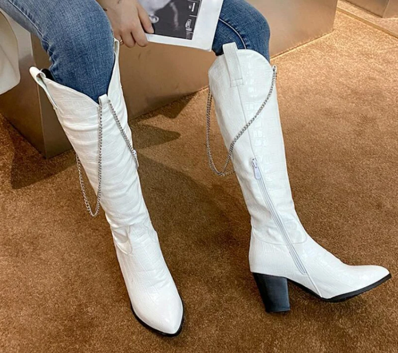 

Fashion Long Chains Embellished Black White Brown Alligator Chunky Heel Knee Boots Pointed Toe Chunky Heel Knight Boots Women