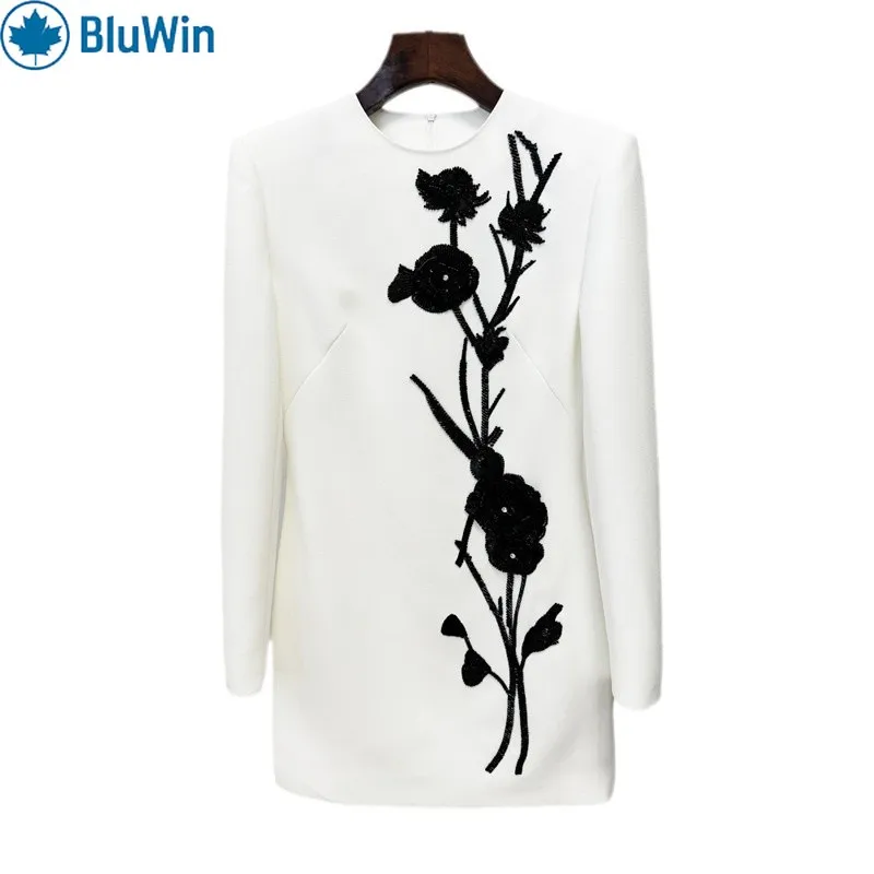 

BluWin White Mini Dress Women - Long Sleeve Crepe Sheath, Black Floral Appliqué, Elegant Cocktail Party Outfit