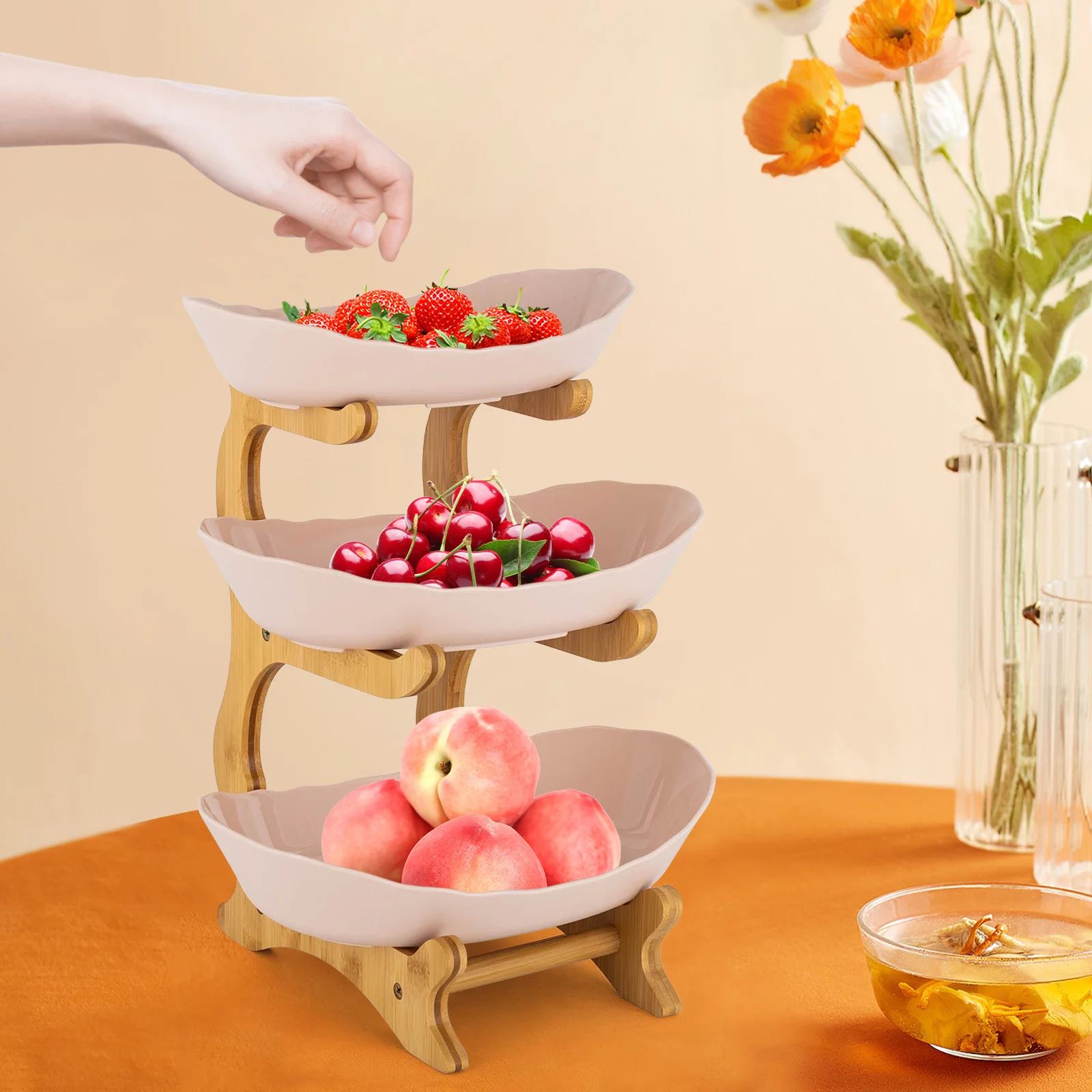 3-Stacked Fruit Bowl with Bamboo Wood Stand 3-Tier Serving Bowls with Stand Suitable for placing fruit candy desserts Beige