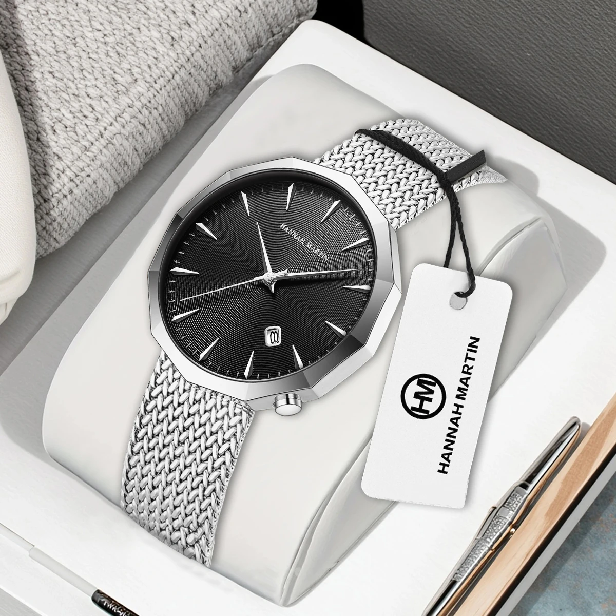 

Мужские сетчатые часы Hannah Martin, черный ремешок из нержавеющей стали, японский кварцевый механизм, водонепроницаемые деловые спортивные часы с 3 барами для мужчин