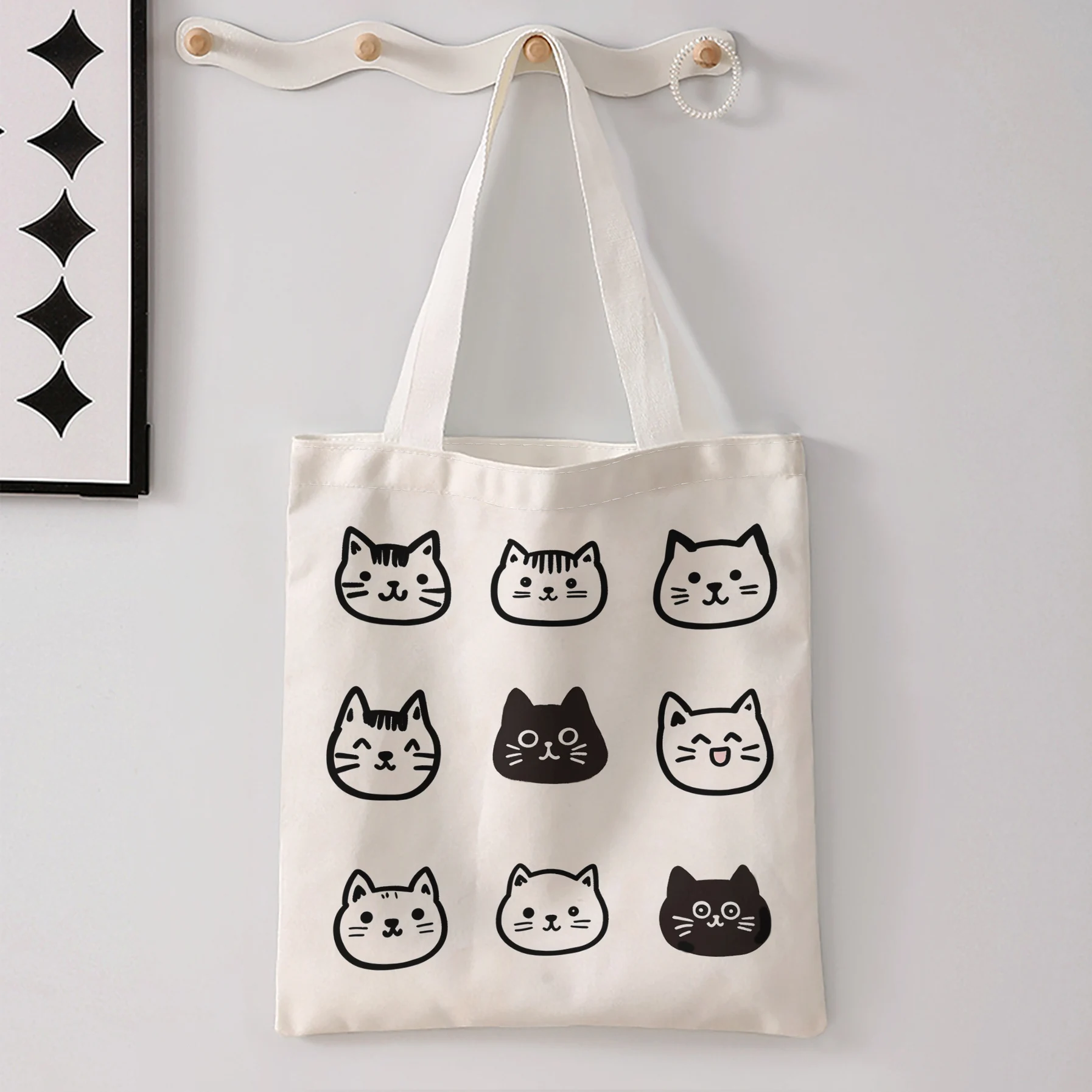 Nine Different Expression Cat Heads Grid Print Tote Bag Large Shoulder Handbag For Shopping Daily Commute