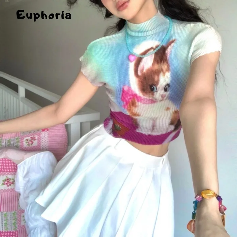 نشوة خمر تصميم جديد تمتد تي شيرت التباين كيتي طباعة المحاصيل الأعلى Gyaru 2025 الصيف س الرقبة تيز عادية E-girl القمم