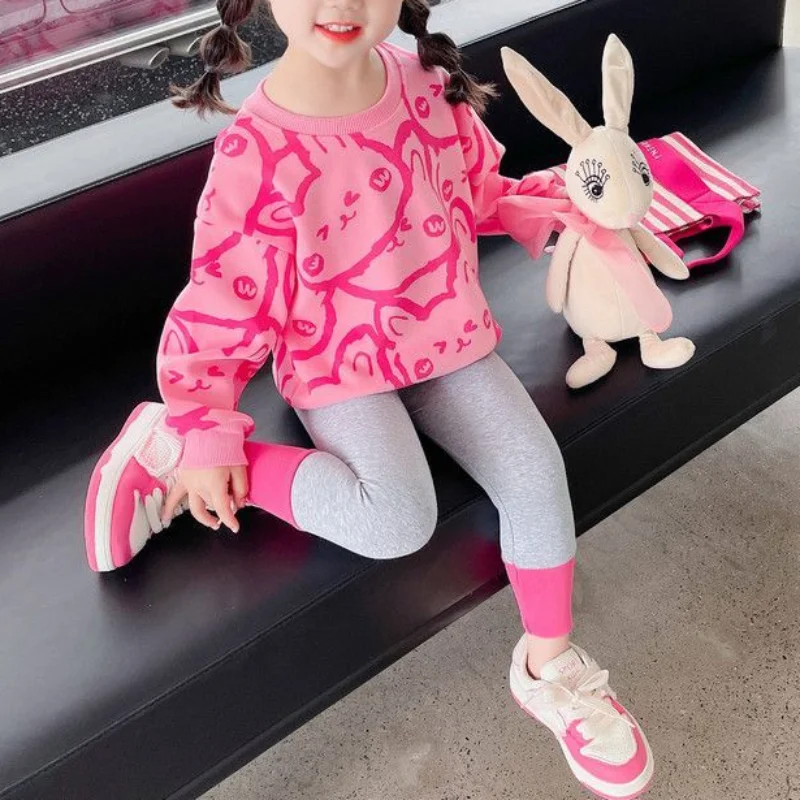 

Children's Clothing 2023 Spring and Autumn New Fashion Print Round Neck Long Sleeve Pullover Solid Color Pants Two Piece Set