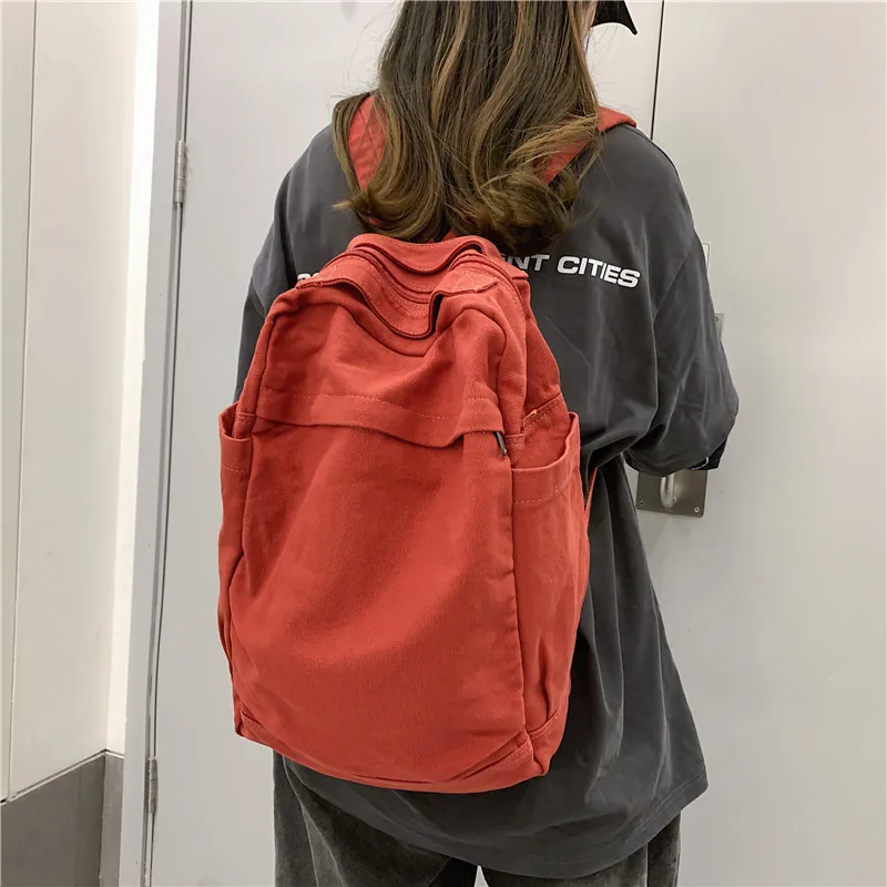 Lazy style backpack with large capacity retro canvas bag, solid color student backpack, computer backpack for women