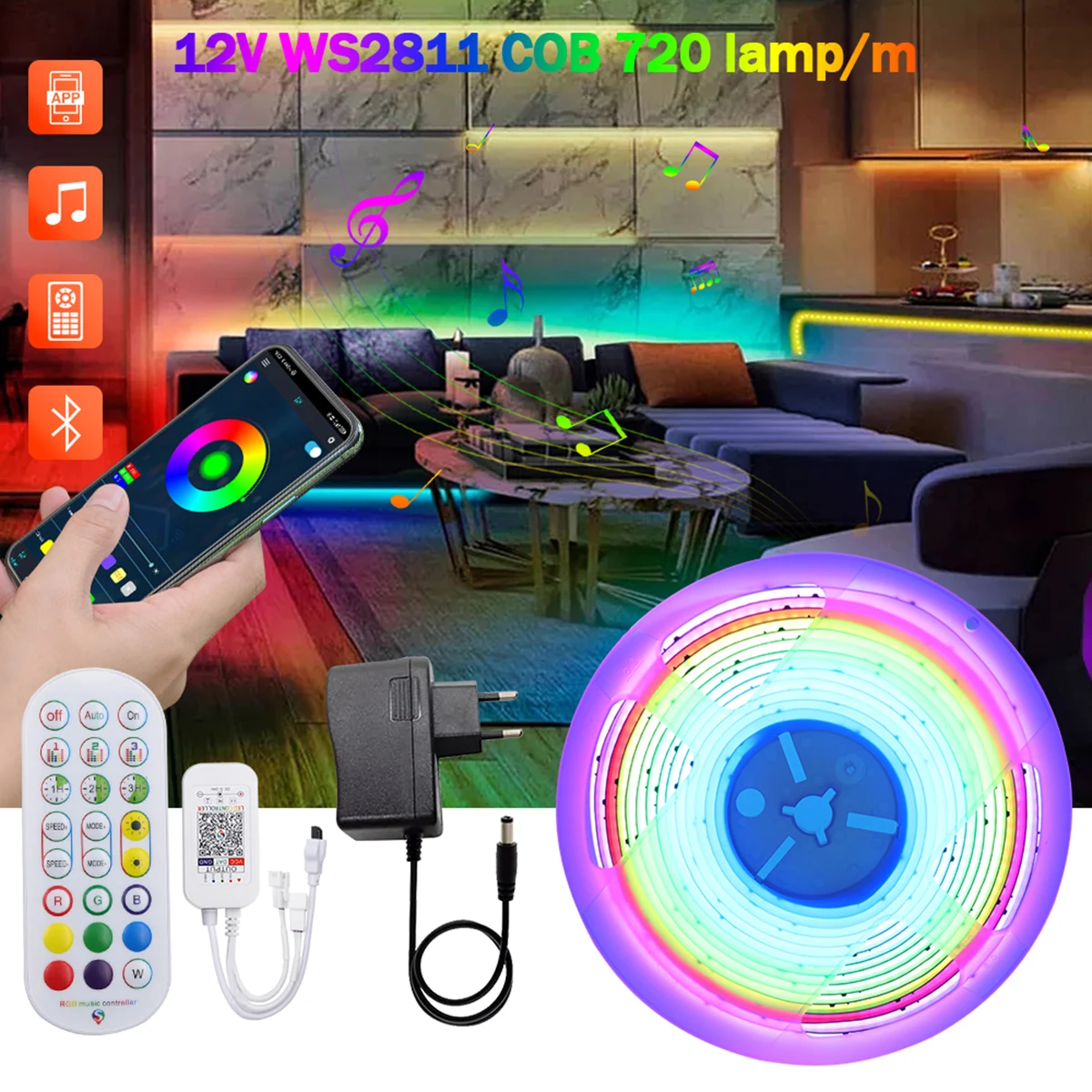 DC12V 24V WS2811 RGB COB LED Strip Wifi Bluetooth Remote Pixel Addressable 720 LEDs/m Dream Color High Density Flex Fairy Lights