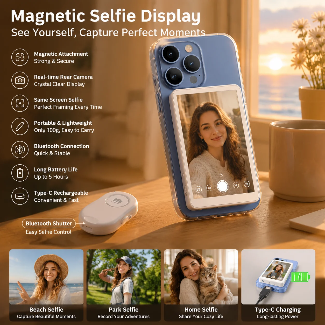 Magnetic Phone Selfie Screen Monitor Bluetooth Remote Selfie Rear Camera Vlog Live Stream Video Recording for iPhone Android