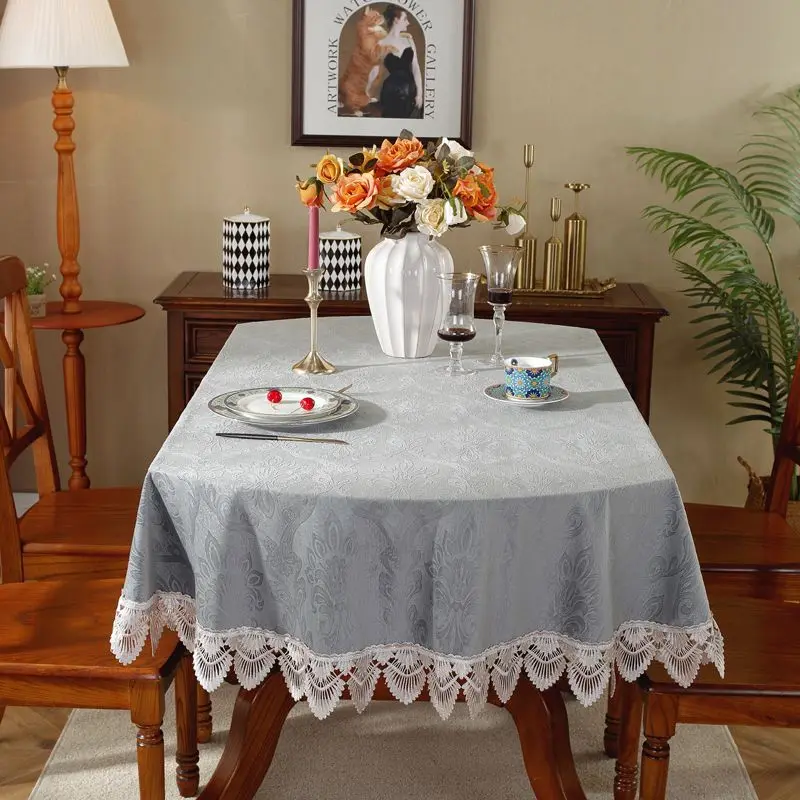 

Tablecloth Oval Solid Jacquard with Lace Table Cover American Style Elegant for Dining Table 140x200cm Table Cloth Modern