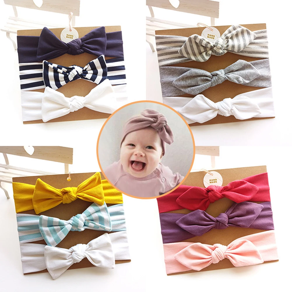 

3pcs Bowknot Hairbands Set for Baby Girls Kids Elastic Soft Fabric Headbands in Different Colors Comfortable Skin Friendly Hair