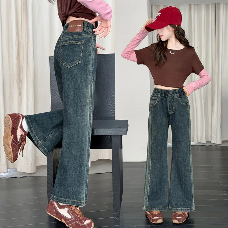 Girls Fashion Bootcut Jeans With Side Spray Paint for Tween Kids Trend Bell Bottom Denim Pants Children Casual Flare Trousers