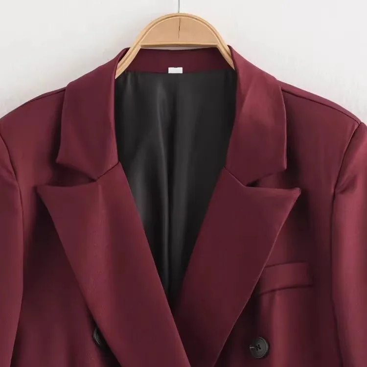 JNLEAOG Nowy Modny Długi Dwurzędowy Garnitur Damski w Kolorze Wina, Elegancki Casualowy Płaszcz z Włókna Poliestrowego