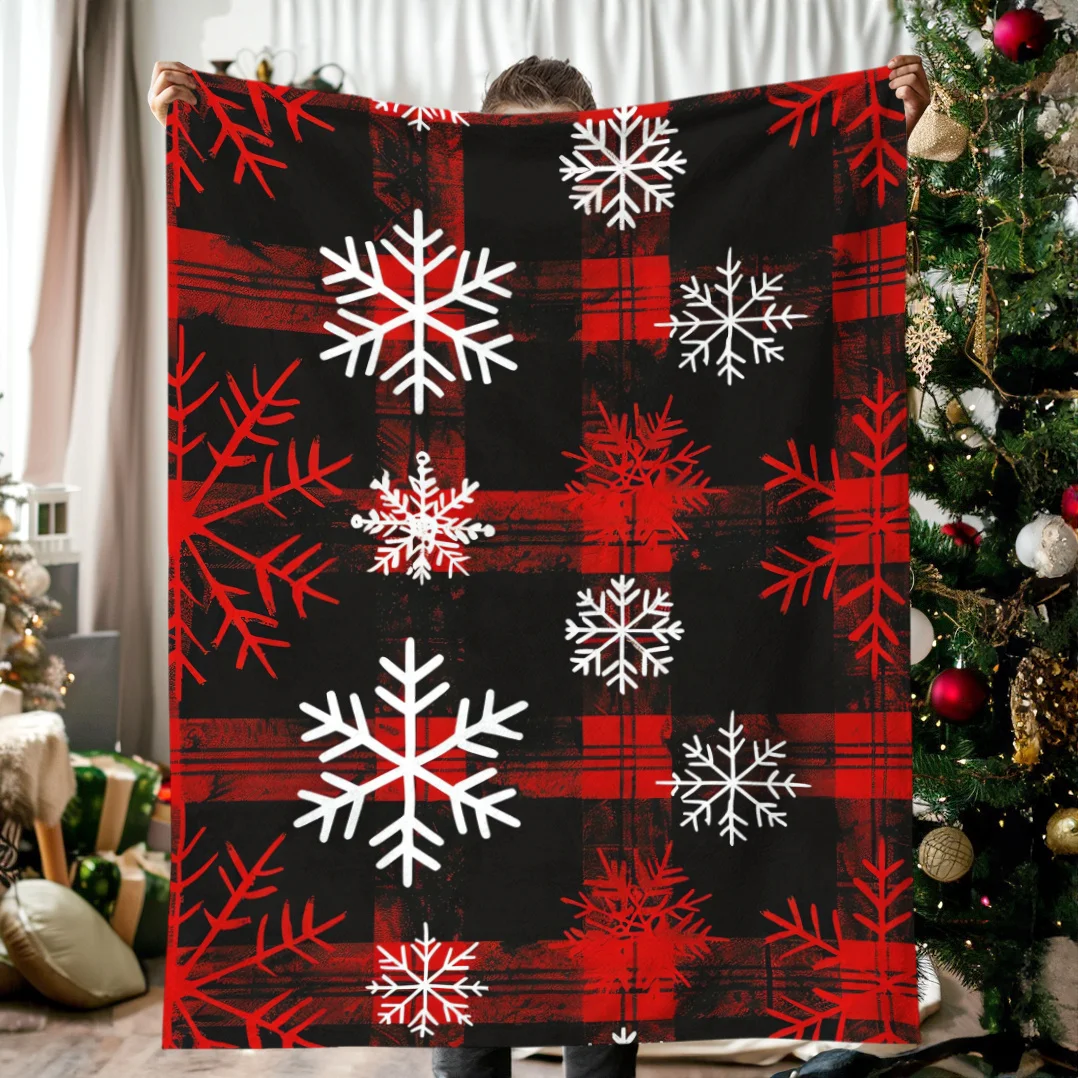 Cozy Christmas Snowflake Blanket - Soft, Warm Flannel with Red Buffalo Check Pattern, Perfect for Naps, Camping