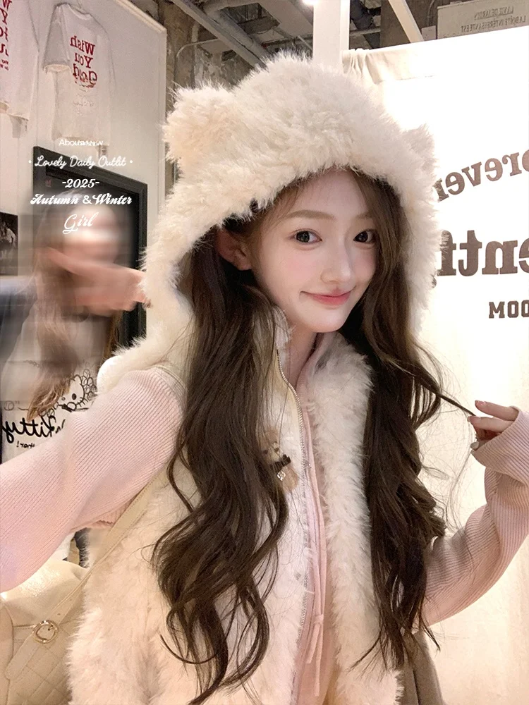 

Acaine Women's Hooded Svel Vest Jaet Cute Sle Outerwear Layering Korean Design Winter Top ort Zipper Closure