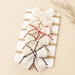 5pcs Soft Nylon Long Tail Bow Headband For Baby Girls Beige Lace Flowers Embroidery Bow Hairband Adorable Hair Accessories