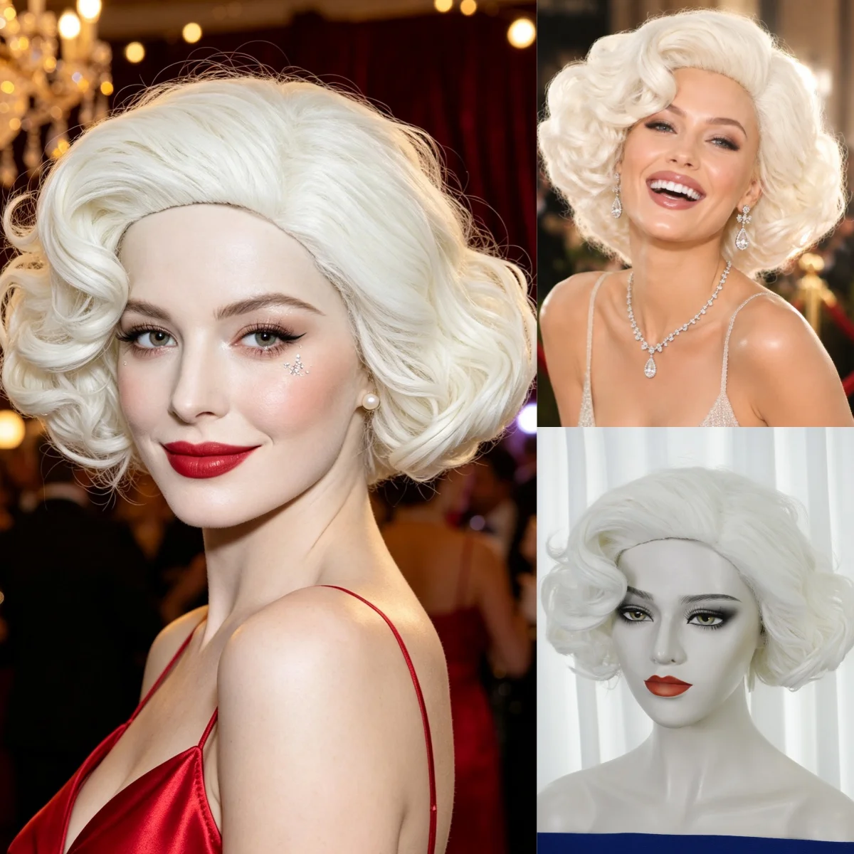 Off White Vintage Big Wavy Short Curly Women Costume Wig, Fluffy Flip Out Full Bodied Curl, Retro Celebrity Style Cosplay Wig