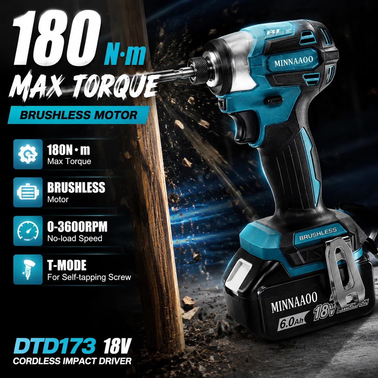 DTD173 18V Cordless Impact Driver Brushless Motor Electric Drill Wood/Bolt/T-Mode 180 N·M Rechargeable Power Tools For Makita