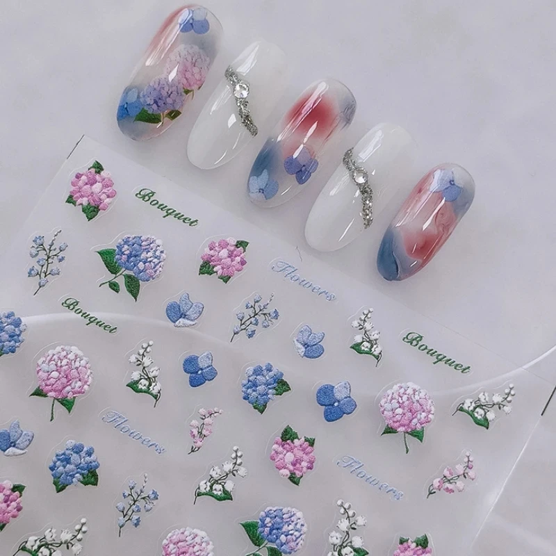 Hortensie Maiglöckchen 5d geprägte Reliefs selbst klebende Nail Art Aufkleber bunte Bouquet 3d Maniküre Aufkleber Großhandel