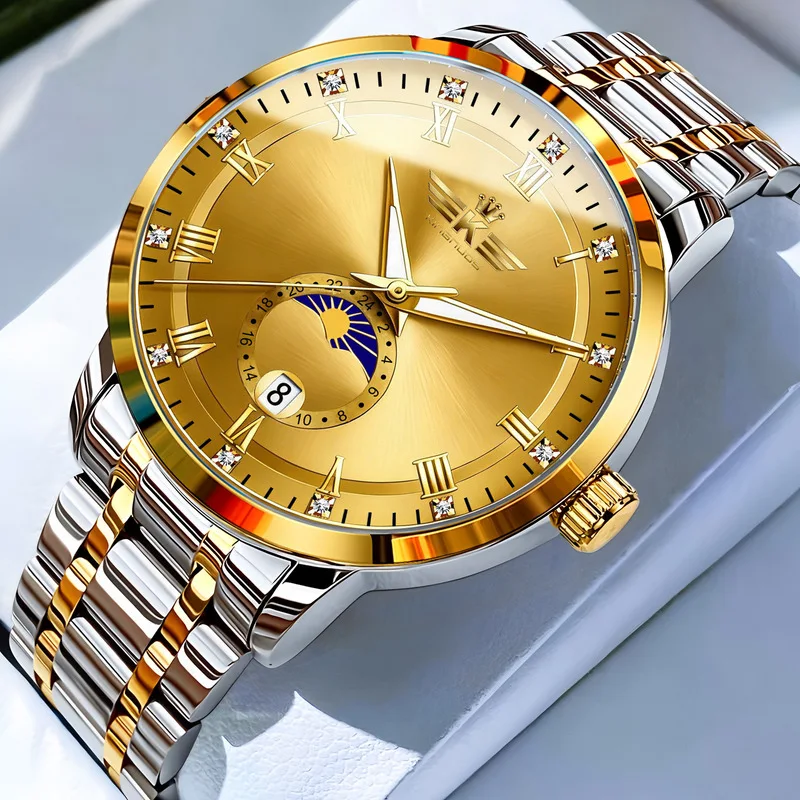Men's Quartz Wrist Watch Roman Numeral Diamond Inlaid Dual Scale Steel Band Wristwatch High End Elegant Stylish Male Watches