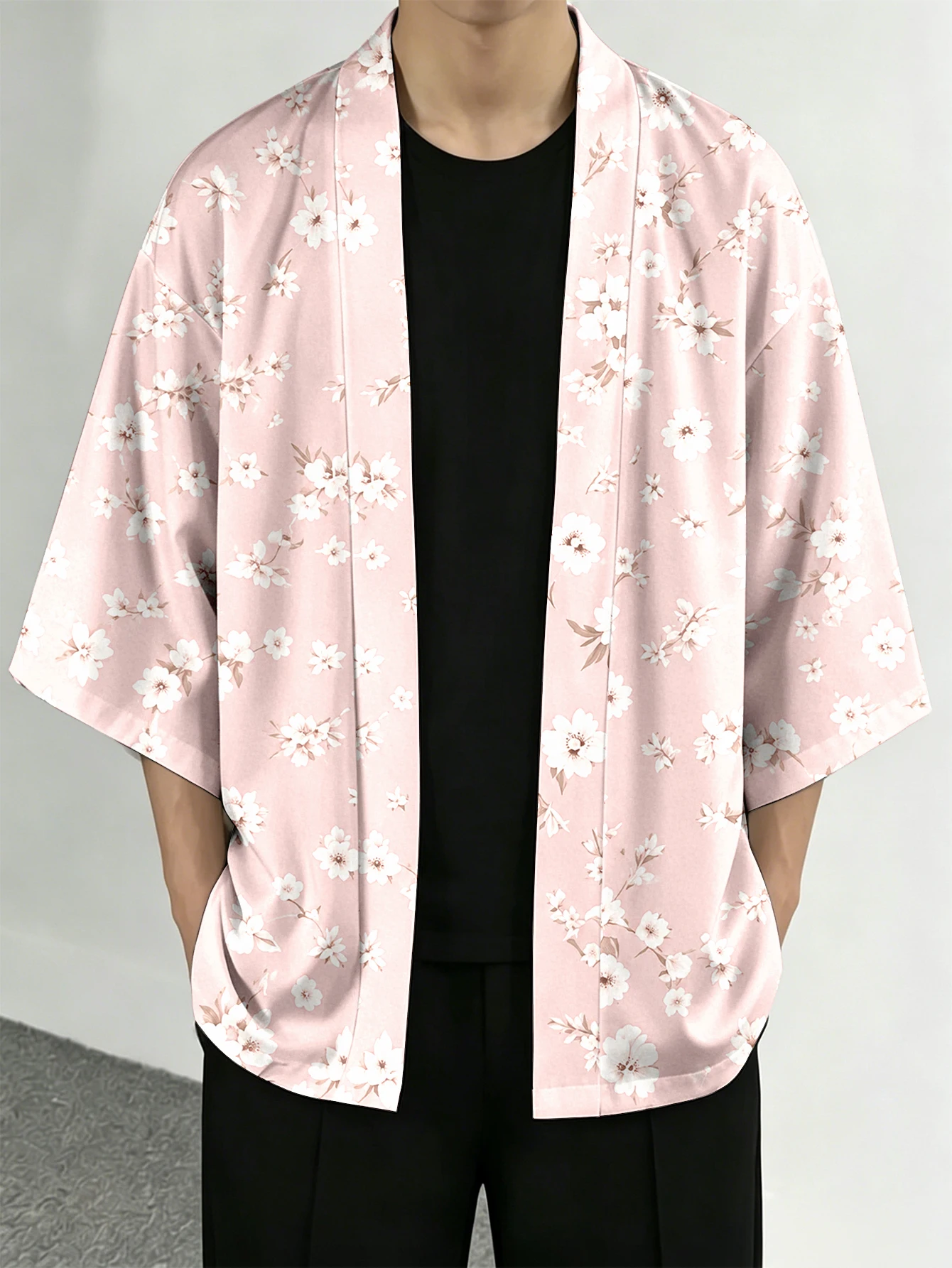 

Men's casual top Floral Sakura Casual Openfront top for everyday wear 3D Digital Print 100% Polyester Pink Cherry Blossom Printed Kimono Cardigan Fit for Spring/Summer Resort and Street Fashion Apparel