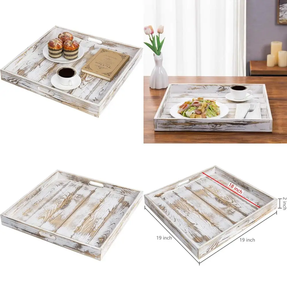 

Large 19 Inch Whitewashed Wood Serving Tray with Handles, Ideal for Ottoman, Breakfast, Tea, and Coffee Tables
