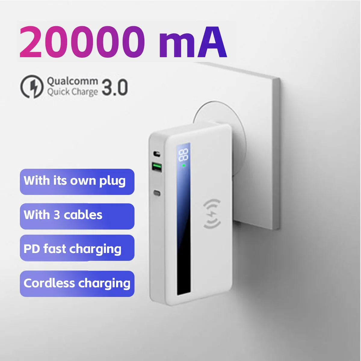 Wireless Self-Cable Charging Power PD18W Fast Charge 20000 mAh Self-Plug 4-in-1 Portable Mobile Power