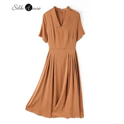 Heavy Natural Mulberry Silk Women's Dress Medium Long Fashion New Solid V-neck  Clothing Women  Dress  Summer Party Dress