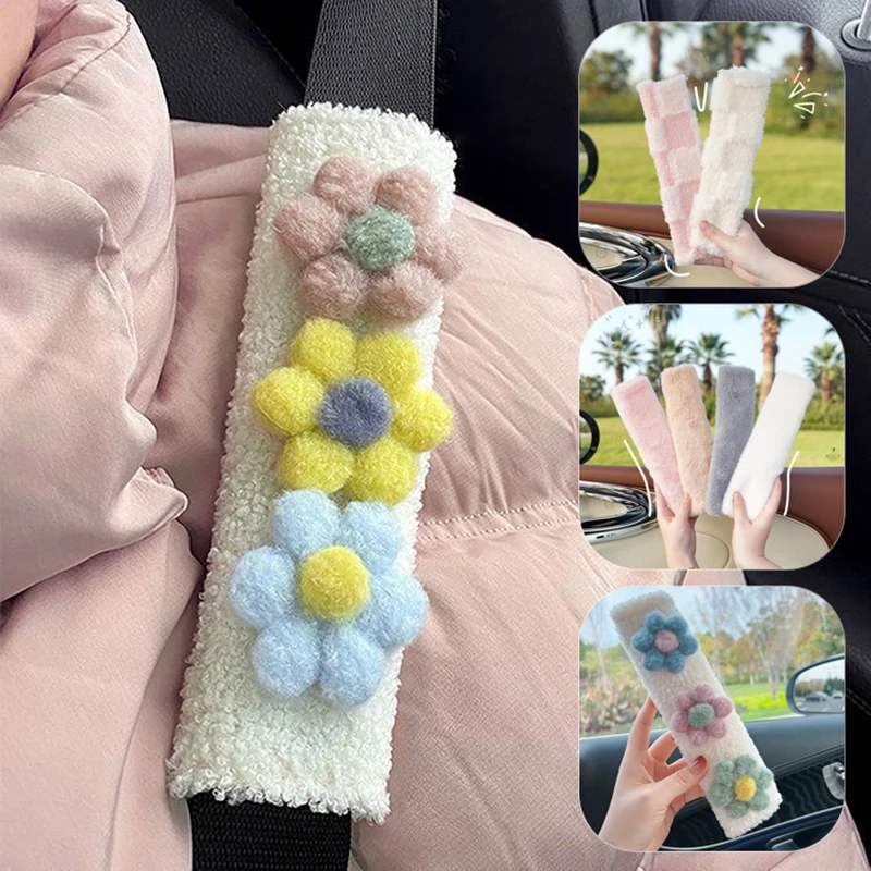 Three Flowers Plush Car Seat Belt Cover Solid Color Rhombus Auto Seat Belt Shoulder Protector Pad Car Interior Accessories