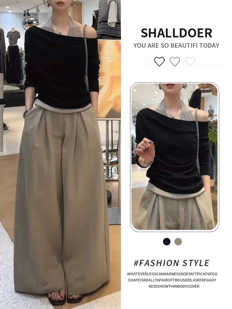 

Korean Sle Long Sve oulder Bared Ne Hanging Women's T-irt Slim Fit Base irt Spring Autumn New Arrival Casual Wear