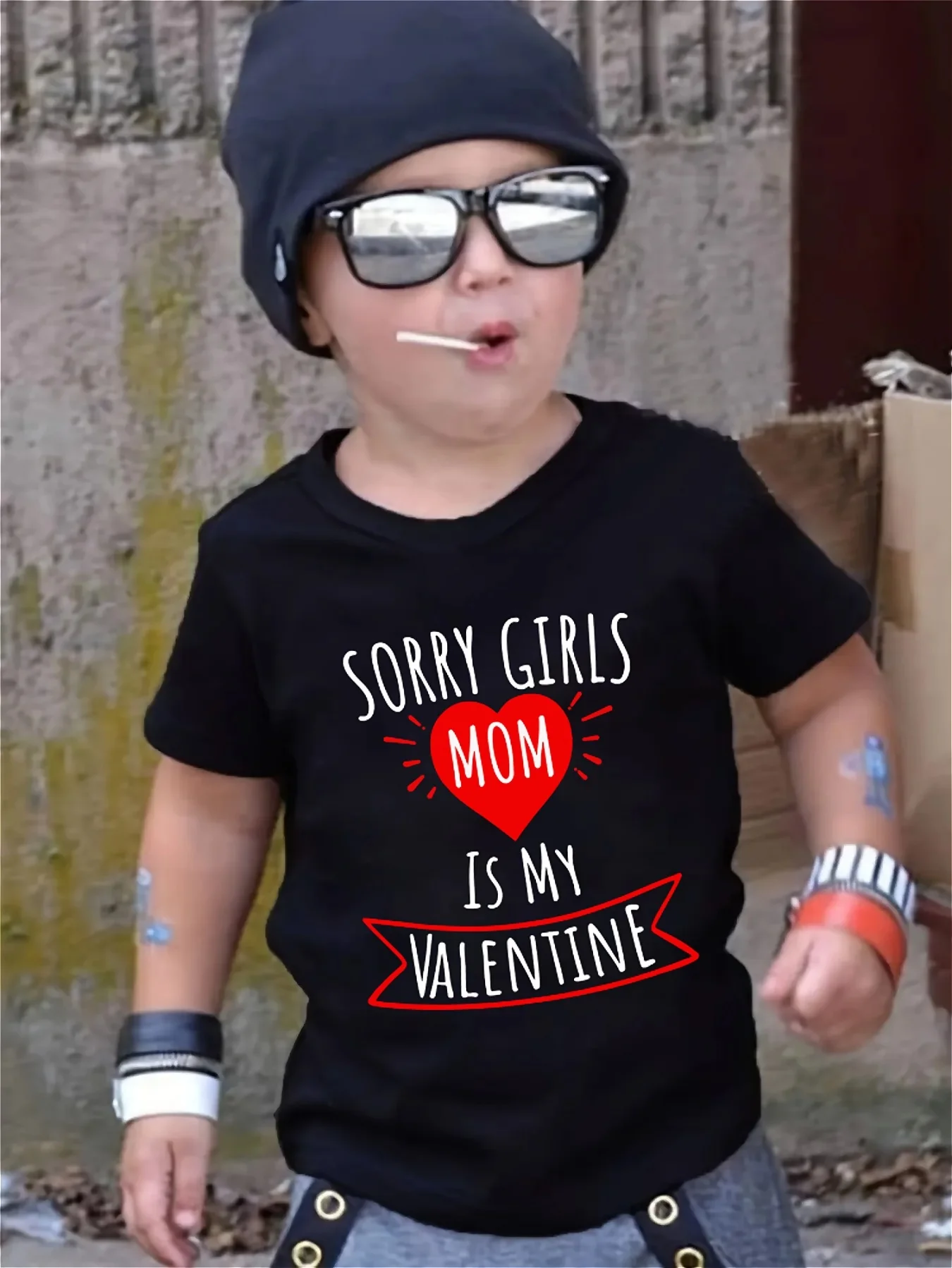 Valentine's Day boy's T-shirt sorry girls mom is my Valentine Letter printed soft and versatile round neck short sleeved top