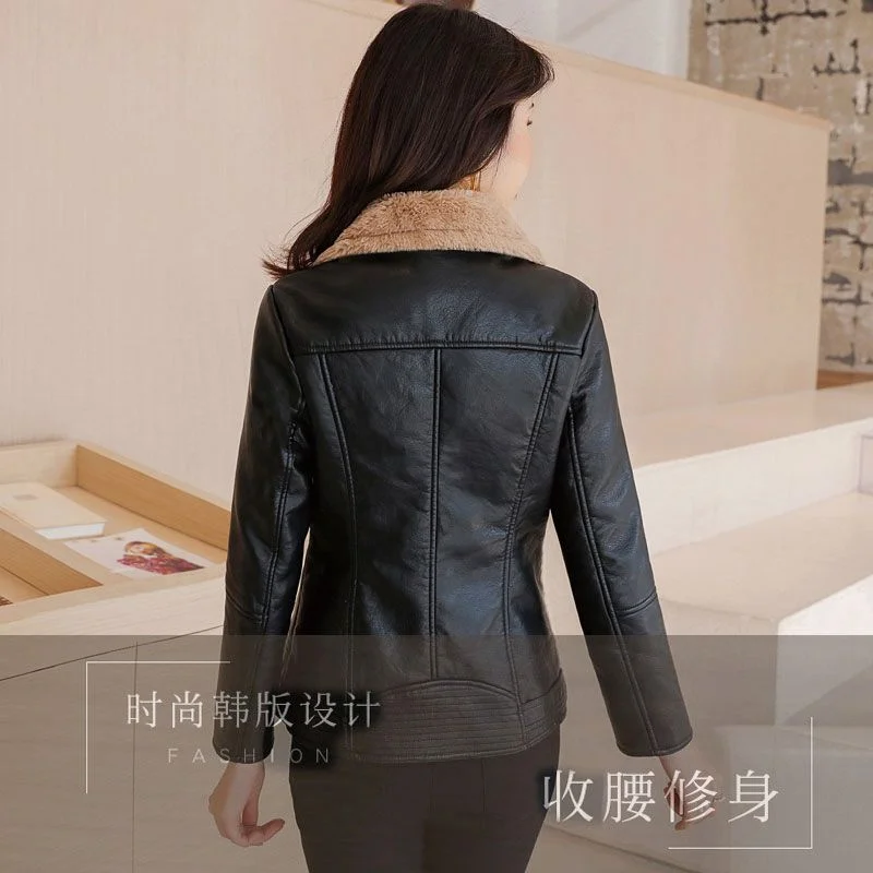 2022 New Winter PU Leather Jacket Women Short Blazers Coat Fleece Double-faced Fur Leather Outerwear Lady Slim Suit Tops Jackets