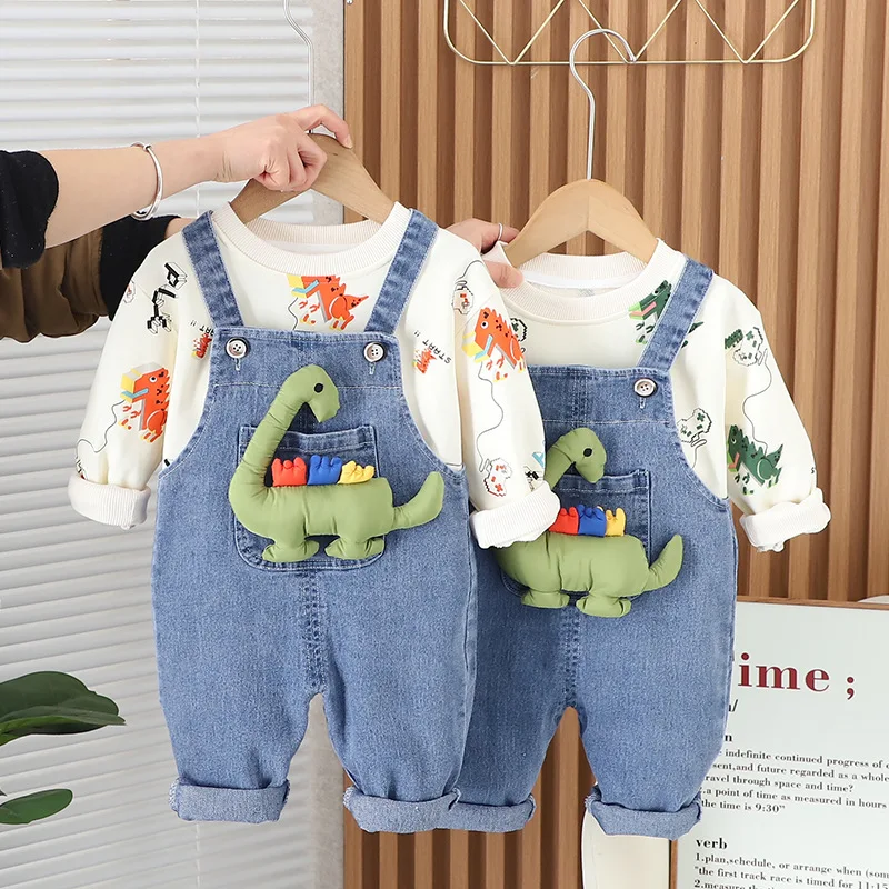 Spring Autumn New Baby Boys Clothing Sets Cartoon Dinosaur Long Sleeve Sweatshirt + Denim Jumpsuit Rompers Kids Casual Clothes